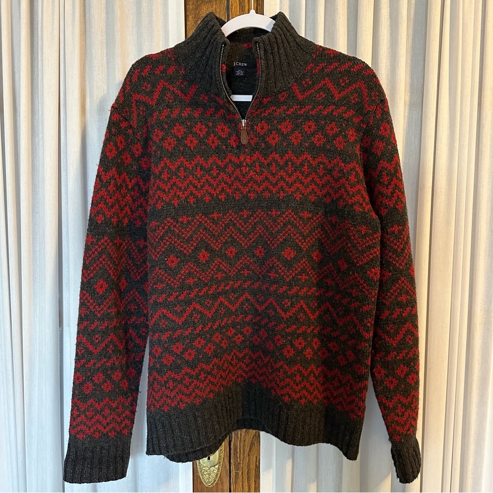 J. Crew Gray Red Fair Isle Lambswool 1/4 Zip Pullover Sweater